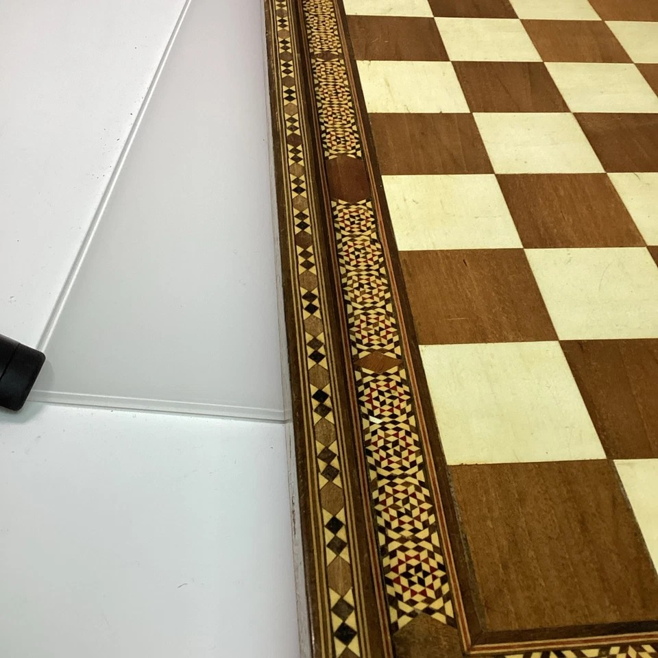Hand Made Wooden Chess Board + Oriental Carved Chess Set Pieces close-up of intricate inlay details