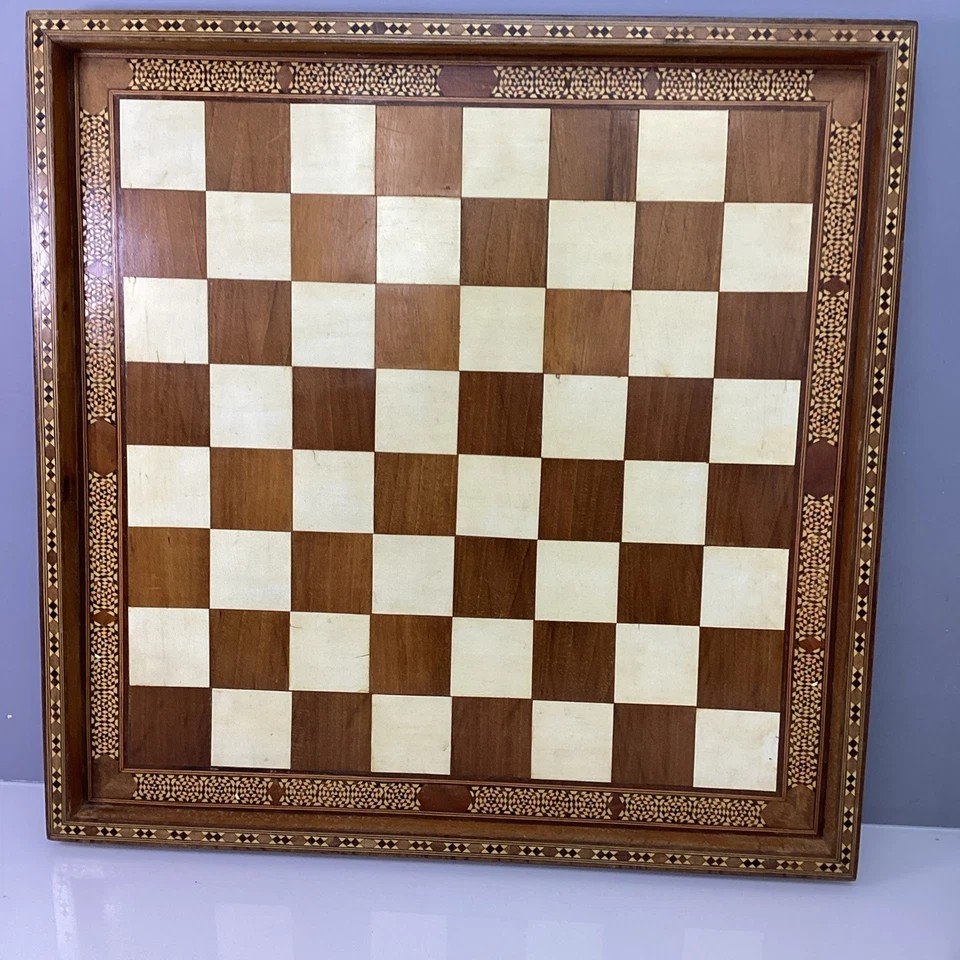 Hand Made Wooden Chess Board + Oriental Carved Chess Set Pieces on display, featuring inlaid Mother-of-Pearl.