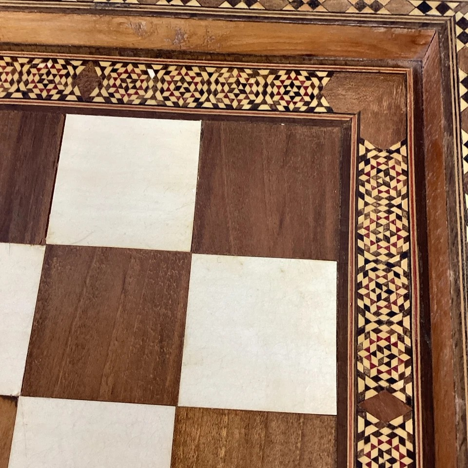 Hand Made Wooden Chess Board + Oriental Carved Chess Set Pieces with intricate designs and Mother-of-Pearl inlay.