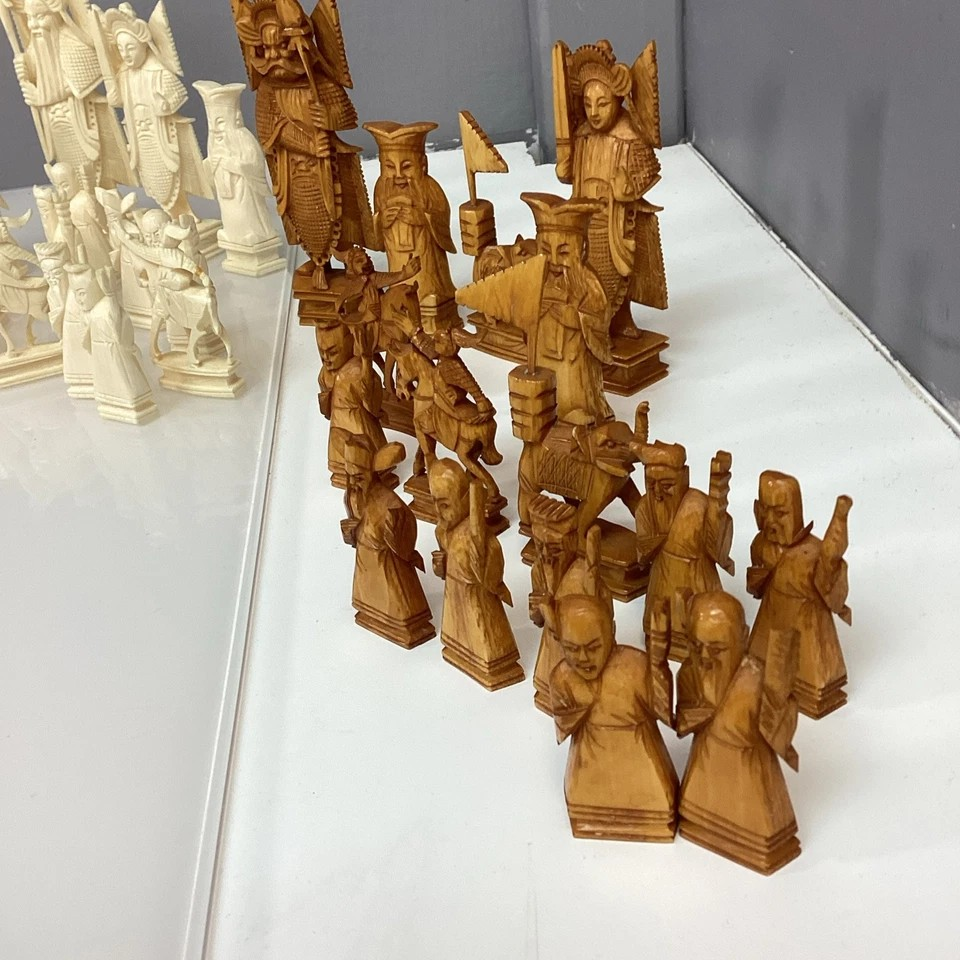 Hand Made Wooden Chess Board + Oriental Carved Chess Set Pieces featuring intricate Oriental carved chess pieces.